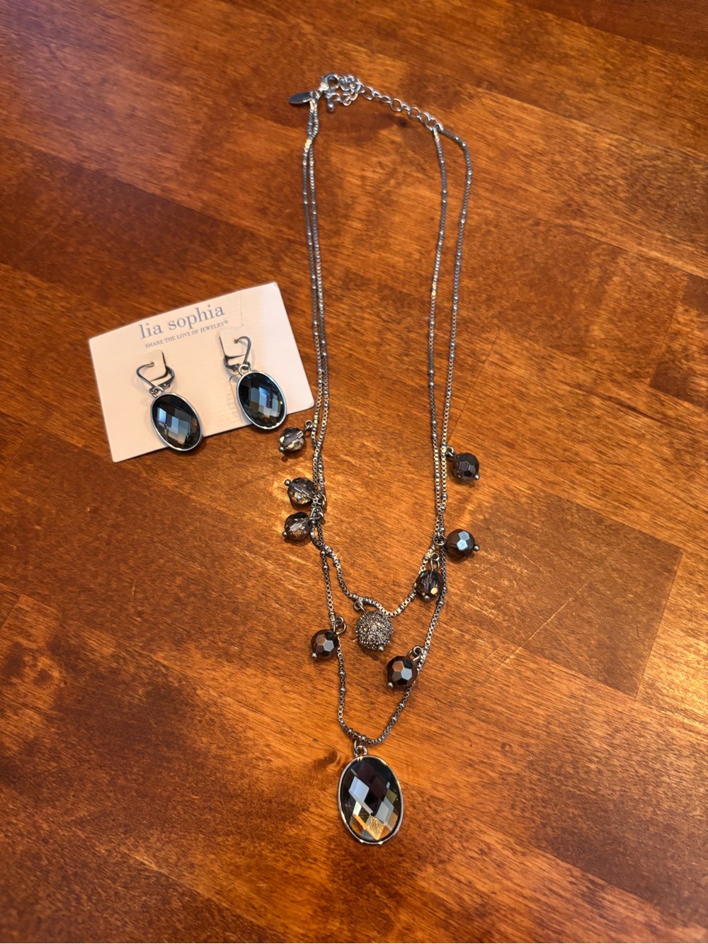 Lia Sophia Black Faceted Oval Pendant Necklace with Matching Earrings